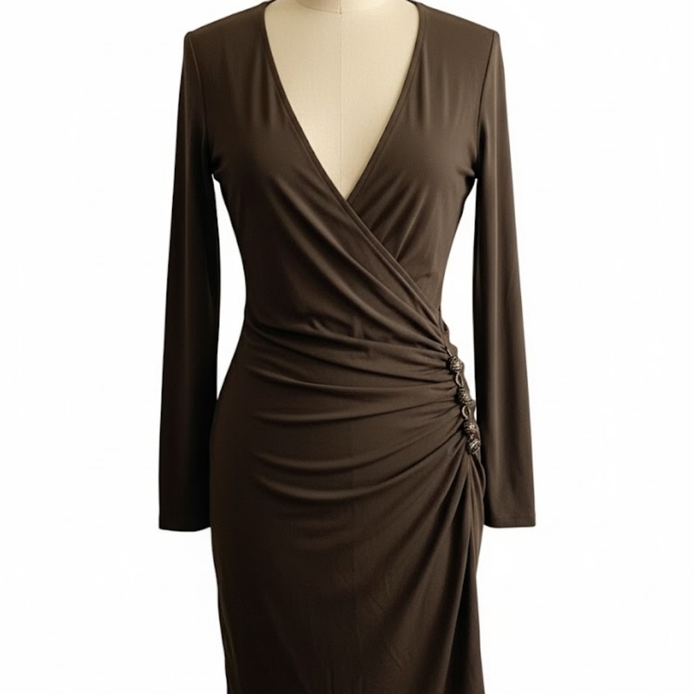 Jennifer Lopez Dark Brown Long Sleeve Faux Wrap Dress